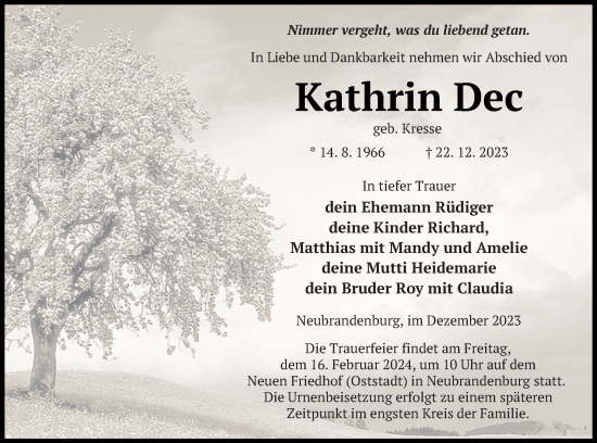 Traueranzeige von Kathrin Dec von Neubrandenburger Zeitung