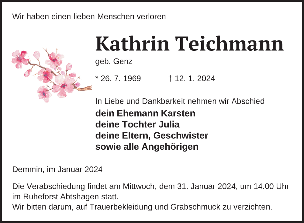  Traueranzeige für Kathrin Teichmann vom 20.01.2024 aus Demminer Zeitung