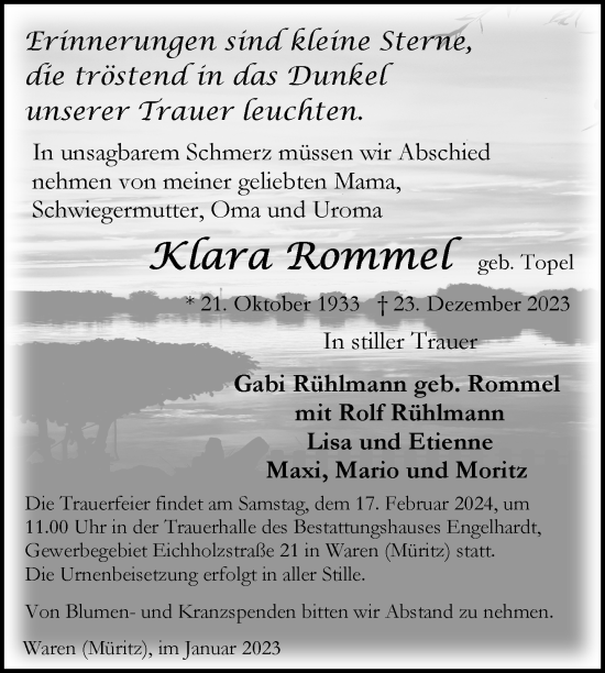 Traueranzeige von Klara Rommel von Müritz-Zeitung