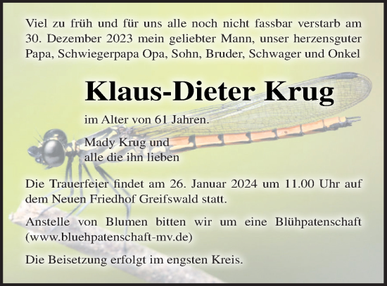 Traueranzeige von Klaus-Dieter Krug von Prenzlauer Zeitung