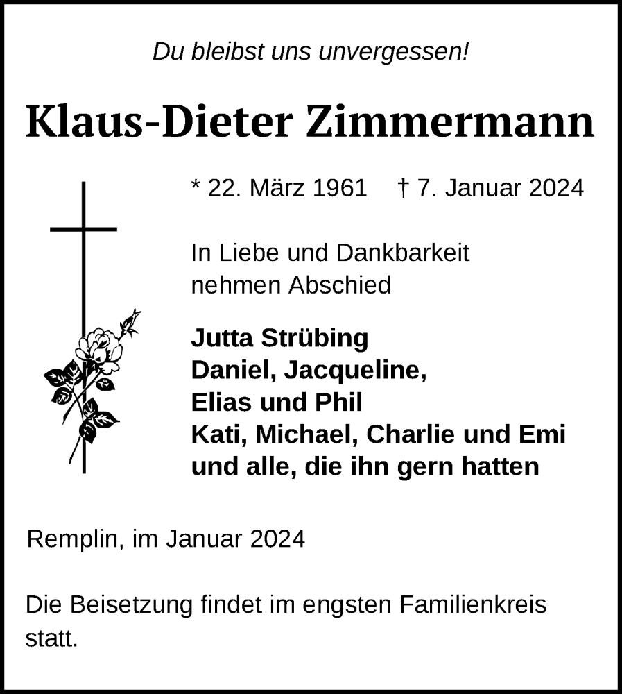  Traueranzeige für Klaus-Dieter Zimmermann vom 19.01.2024 aus Mecklenburger Schweiz