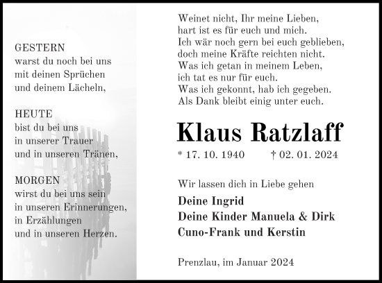 Traueranzeige von Klaus Ratzlaff von Prenzlauer Zeitung