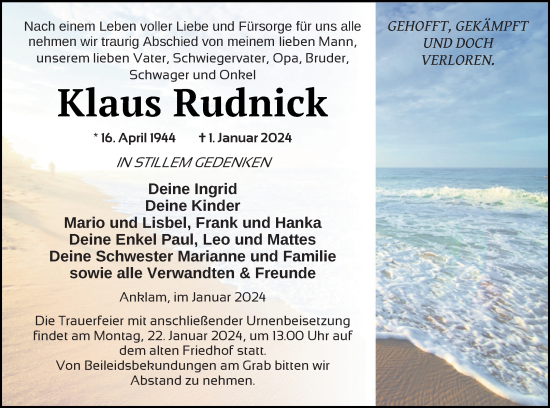 Traueranzeige von Klaus Rudnick von Vorpommern Kurier