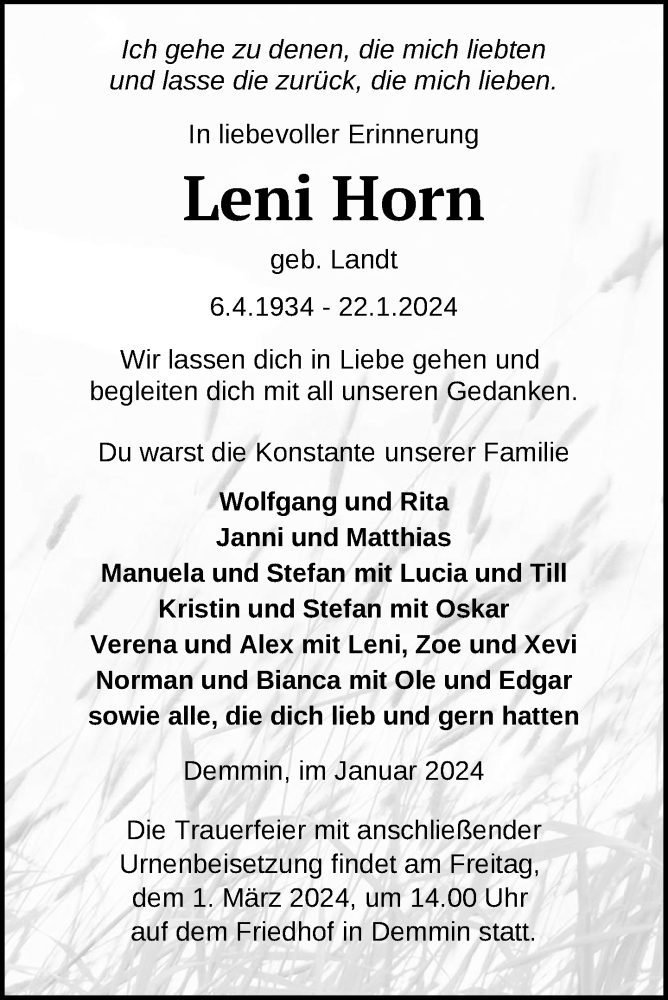  Traueranzeige für Leni Horn vom 27.01.2024 aus Nordkurier Demminer Zeitung