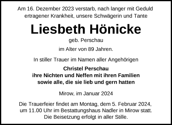 Traueranzeige von Liesbeth Hönicke von Nordkurier Strelitzer Zeitung