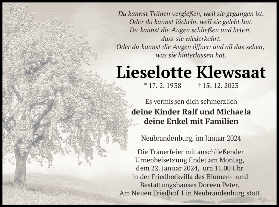 Traueranzeige von Lieselotte Klewsaat von Neubrandenburger Zeitung