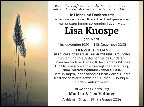 Traueranzeige von Lisa Knospe von Vorpommern Kurier