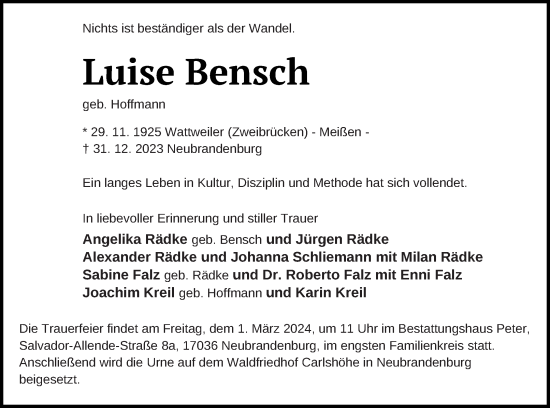 Traueranzeige von Luise Bensch von Neubrandenburger Zeitung