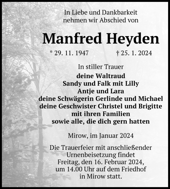 Traueranzeige von Manfred Heyden von Nordkurier Strelitzer Zeitung