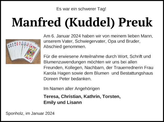 Traueranzeige von Manfred Preuk von Neubrandenburger Zeitung