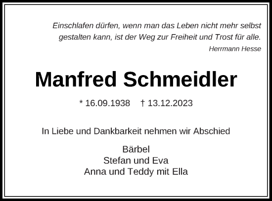 Traueranzeige von Manfred Schmeidler von Neubrandenburger Zeitung