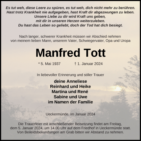 Traueranzeige von Manfred Tott von Haff-Zeitung