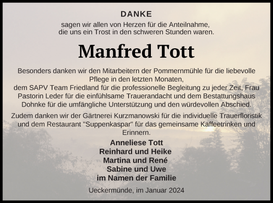 Traueranzeige von Manfred Tott von Haff-Zeitung