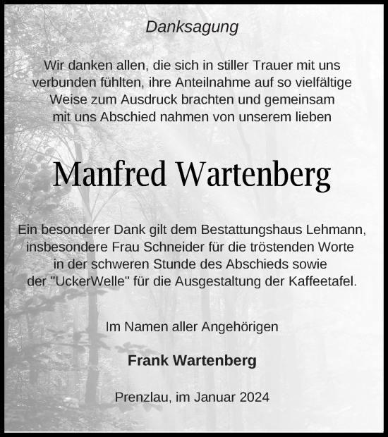 Traueranzeige von Manfred Wartenberg von Prenzlauer Zeitung