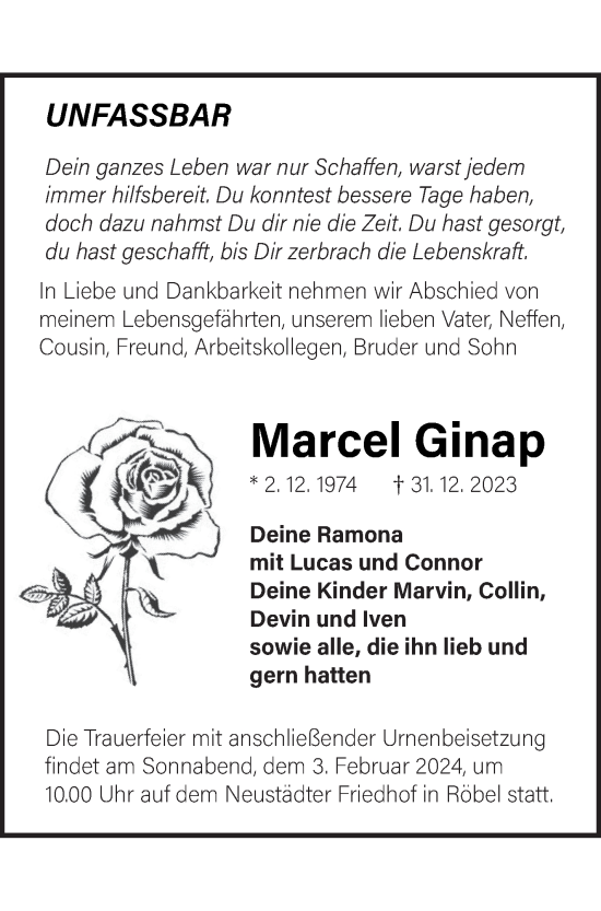 Traueranzeige von Marcel Ginap von Müritz-Zeitung