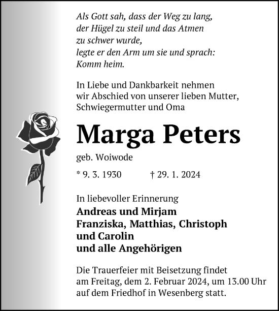 Traueranzeige von Marga Peters von Nordkurier Strelitzer Zeitung