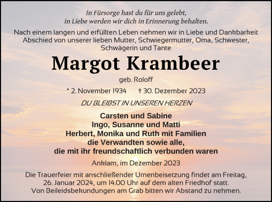Traueranzeige von Margot Krambeer von Vorpommern Kurier