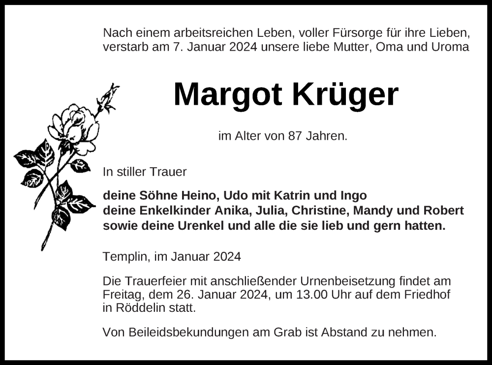  Traueranzeige für Margot Krüger vom 11.01.2024 aus Templiner Zeitung