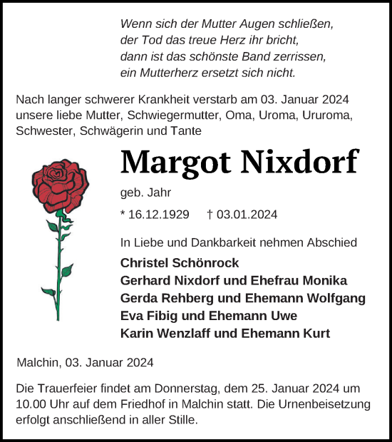 Traueranzeige von Margot Nixdorf von Mecklenburger Schweiz