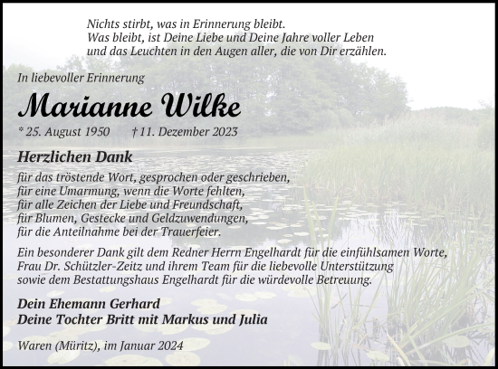 Traueranzeige von Marianne Wilke von Müritz-Zeitung