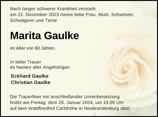 Traueranzeige von Marita Gaulke von Neubrandenburger Zeitung