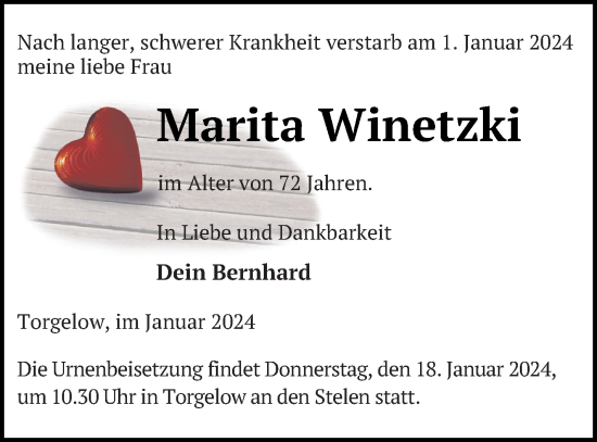 Traueranzeige von Marita Winetzki von Haff-Zeitung