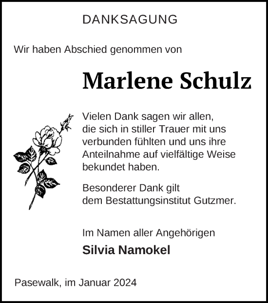 Traueranzeige von Marlene Schulz von Pasewalker Zeitung