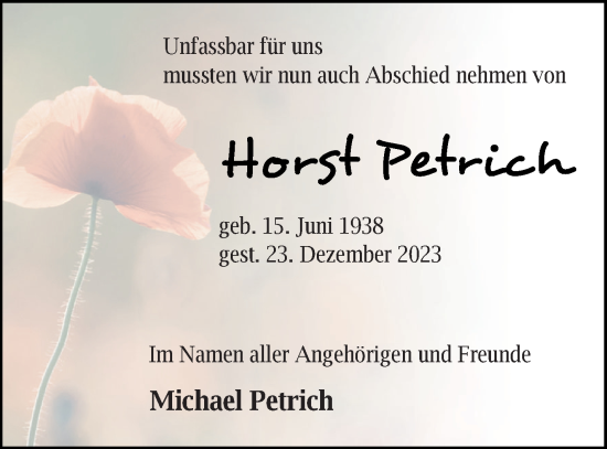 Traueranzeige von Michael Petrich von Müritz-Zeitung