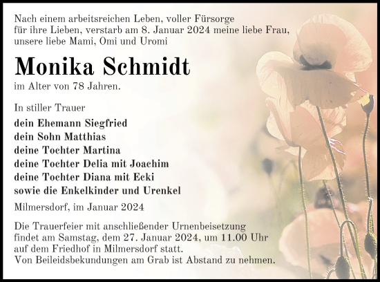 Traueranzeige von Monika Schmidt von Templiner Zeitung