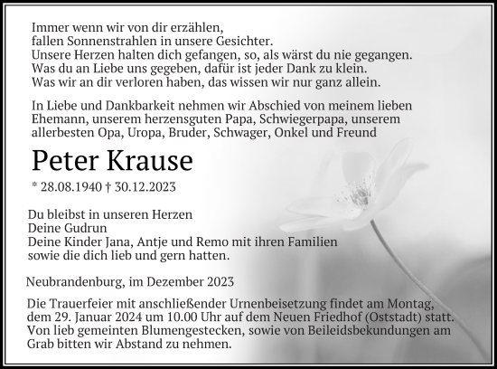 Traueranzeige von Peter Krause von Neubrandenburger Zeitung