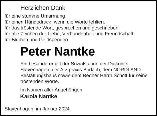 Traueranzeige von Peter Nantke von Mecklenburger Schweiz