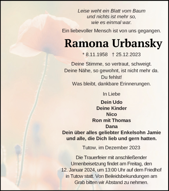 Traueranzeige von Ramona Urbansky von Vorpommern Kurier