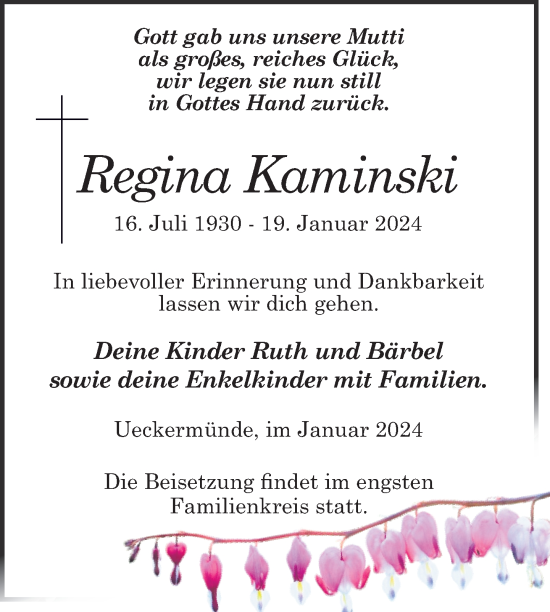 Traueranzeige von Regina Kaminski von Nordkurier Haff-Zeitung