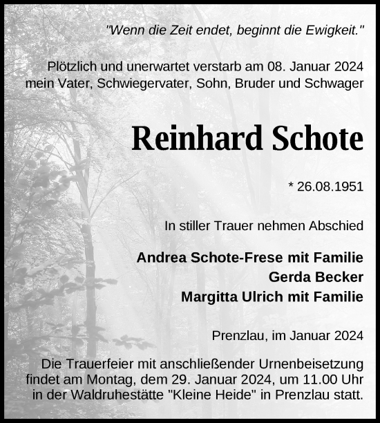 Traueranzeige von Reinhard Schote von Prenzlauer Zeitung / Uckermark Kombination