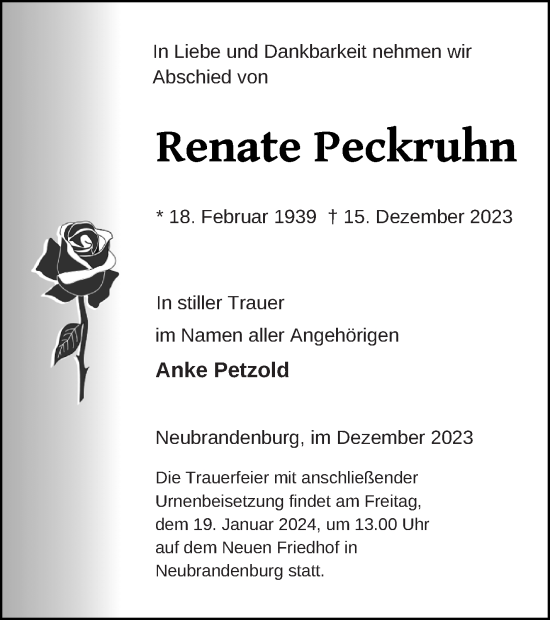 Traueranzeige von Renate Peckruhn von Neubrandenburger Zeitung
