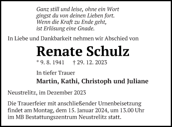 Traueranzeige von Renate Schulz von Strelitzer Zeitung