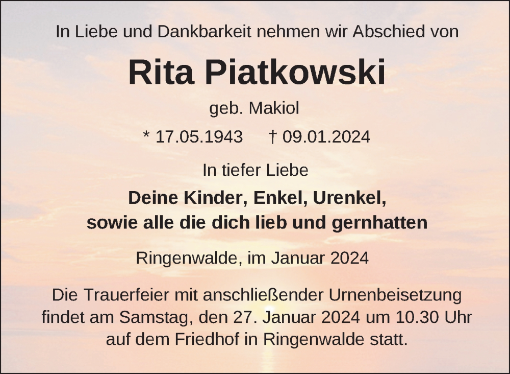  Traueranzeige für Rita Piatkowski vom 23.01.2024 aus Uckermark Kombination / Templiner Zeitung