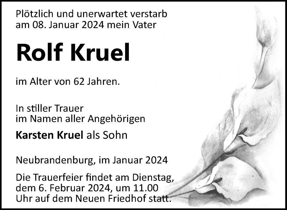  Traueranzeige für Rolf Kruel vom 16.01.2024 aus Neubrandenburger Zeitung