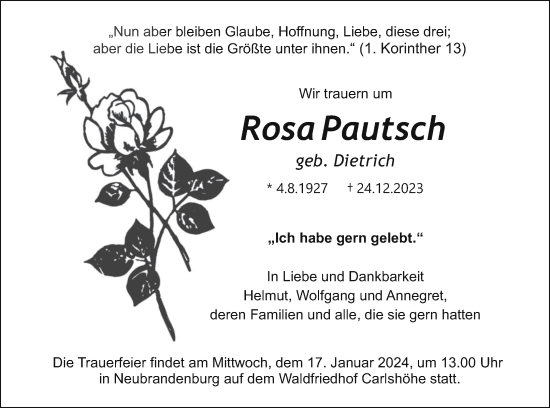 Traueranzeige von Rosa Pautsch von Demminer Zeitung