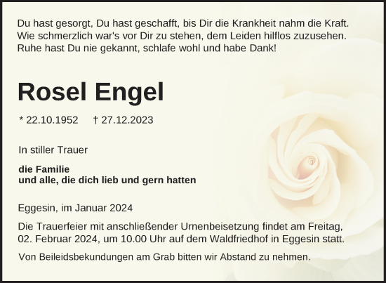 Traueranzeige von Rosel Engel von Pasewalker Zeitung