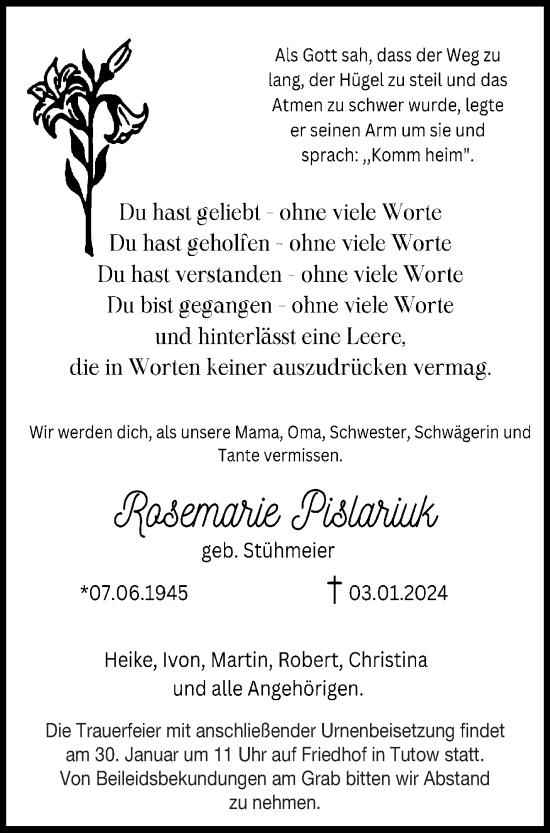 Traueranzeige von Rosemarie Pislariuk von Vorpommern Kurier