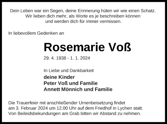 Traueranzeige von Rosemarie Voß von Templiner Zeitung