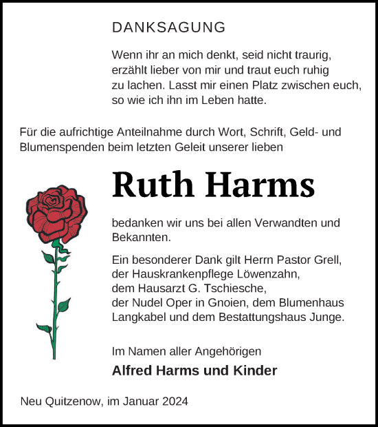 Traueranzeige von Ruth Harms von Mecklenburger Schweiz