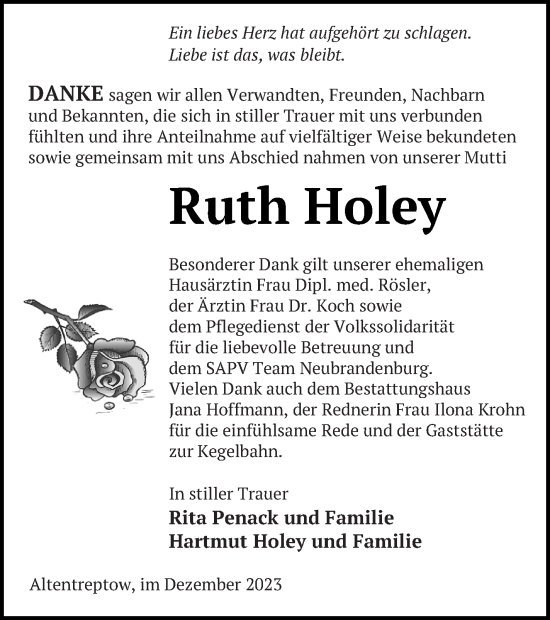 Traueranzeige von Ruth Holey von Neubrandenburger Zeitung