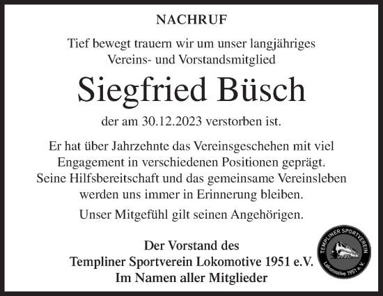 Traueranzeige von Siegfried Büsch von Templiner Zeitung