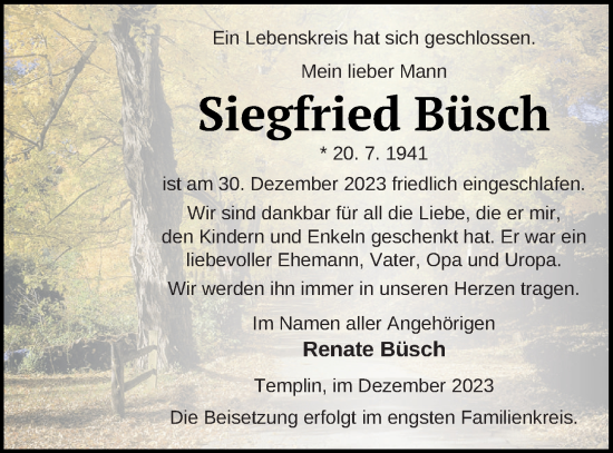 Traueranzeige von Siegfried Büsch von Templiner Zeitung