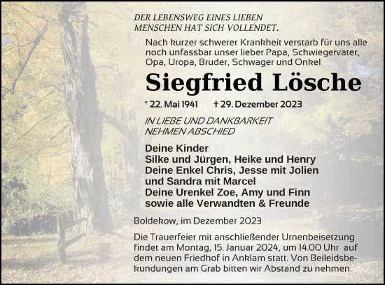 Traueranzeige von Siegfried Lösche von Vorpommern Kurier