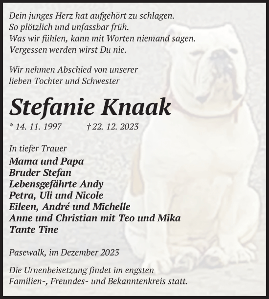 Traueranzeige von Stefanie Knaak von  Pasewalker Zeitung