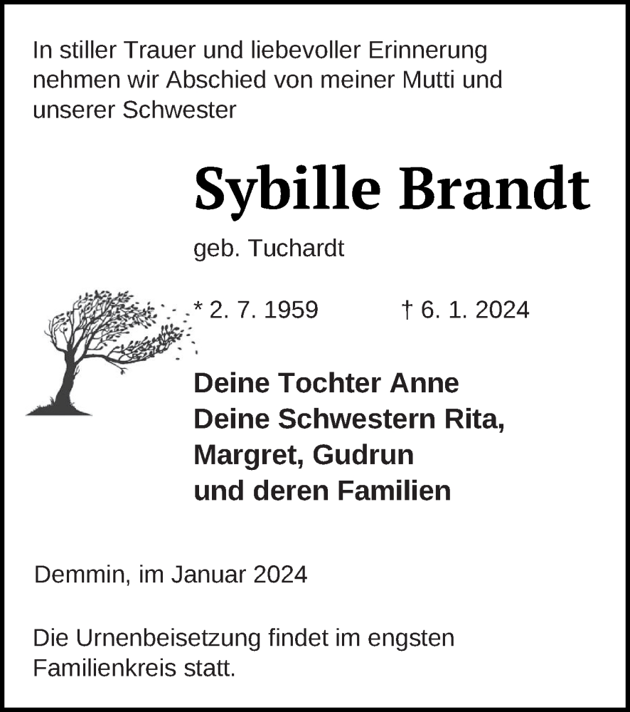  Traueranzeige für Sybille Brandt vom 12.01.2024 aus Demminer Zeitung