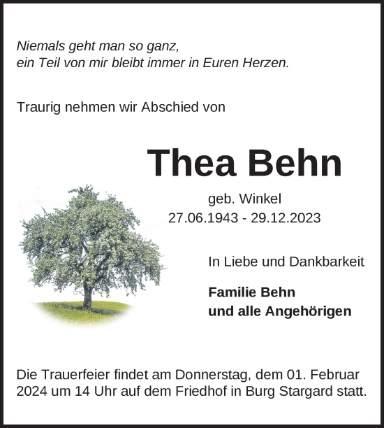 Traueranzeige von Thea Behn von Neubrandenburger Zeitung